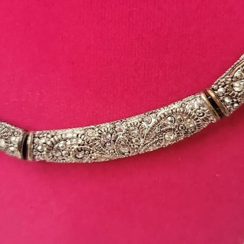 PREMIER DESIGNS Antiqued Silver Tone Filigree Pave Crystal Choker Necklace
